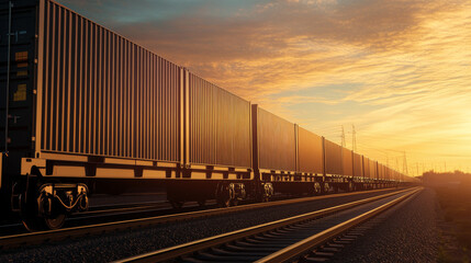 Fototapeta premium A long freight train carrying containers travels along railway tracks at sunset, symbolizing global logistics and transportation. 