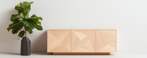 Solid wood sideboard with geometric design, modern artistry, soft pastel walls, modern sculptures, ambient lighting, natural wood contrasts, clean and unique style