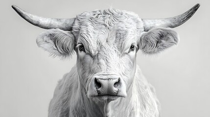 A close-up portrait of a white bull with large horns looking directly at the camera against a light grey background.