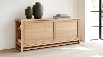Solid wood sideboard with decorative vases and books