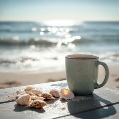 Morning coffee and seashells on a tranquil beach during sunrise near the ocean waves
