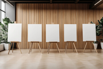 This image features five blank white easels arranged in a modern studio environment with wooden walls and flooring.