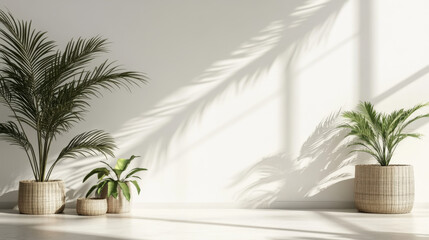 A simple, stylish backdrop with a palm tree shadow on a white wall. This scene is perfect for showcasing summery, luxurious products in a trendy boho-inspired home setting.