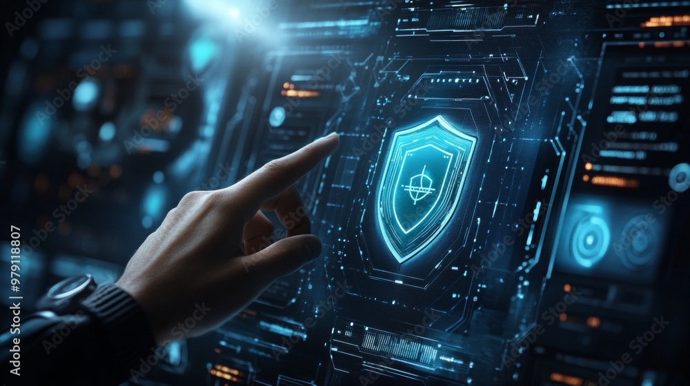 Poster hand touching shield icon on touch-screen interface, secure data, front view, representing trust and