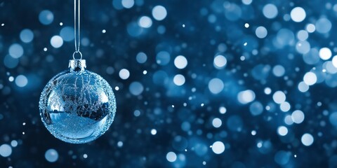 A picture depicting a lone glass Christmas ornament suspended above a deep blue backdrop, accompanied by falling snowflakes that create a surreal and dreamlike ambiance.