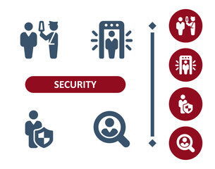 Security icons. Security guard, checkpoint, metal detector, insurance, man, investigation icon