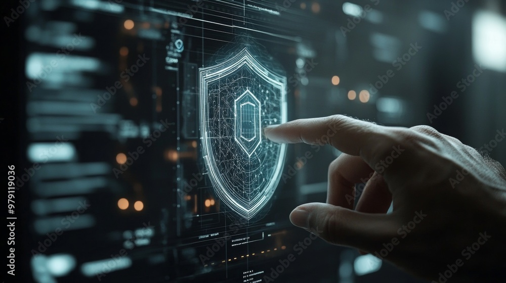 Poster hand touching shield icon on touch-screen interface, secure data, front view, representing trust and