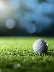 Obraz premium Close-up of a golf ball resting on vibrant green grass, showcasing a serene atmosphere with soft bokeh in the background.