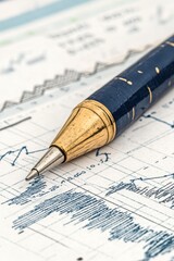 Close-up of a luxury pen on financial charts, symbolizing investment, analysis, and strategy in the business world.