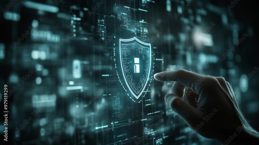 Poster hand touching shield icon on touch-screen interface, secure data, front view, representing trust and