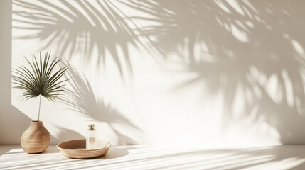 A simple, stylish backdrop with a palm tree shadow on a white wall. This scene is perfect for showcasing summery, luxurious products in a trendy boho-inspired home setting.