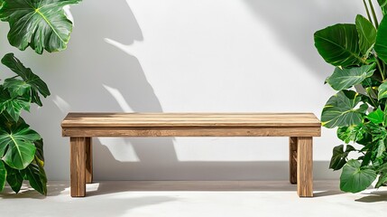 Reclaimed wood bench on a sunlit patio, outdoor seating, surrounded by lush green plants, bright and fresh morning light, vibrant outdoor cushions, peaceful and natural ambiance