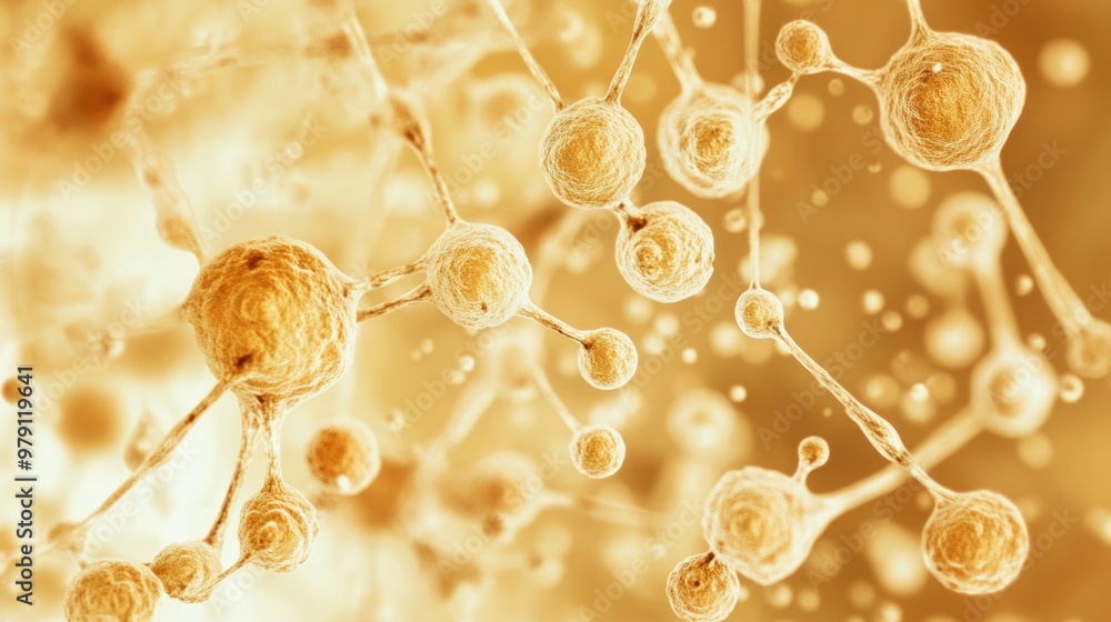 Poster microscopic view of a culture of brewing yeast under a microscope, showcasing the complex and intric