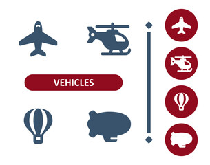 Vehicles icons. Vehicle, plane, airplane, helicopter, hot air balloon, blimp, dirigible icon © 13ree_design