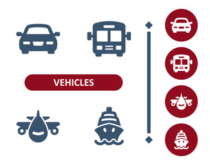 Vehicles icons. Vehicle, public transport, transportation, car, bus, plane, airplane, cruise ship icon