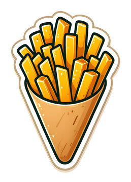 Clip Art Style Sticker of Crispy Golden French Fries in a Rustic Brown Paper Cone