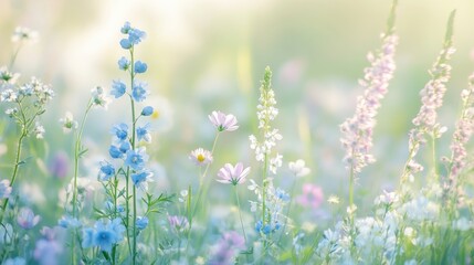 Fototapeta premium A serene field of colorful wildflowers basking in soft, natural light.