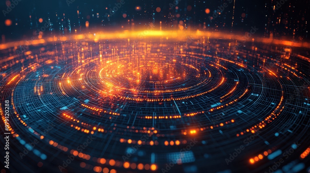Poster neon network connections - abstract futuristic digital data transfer background with vibrant data li