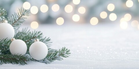 White colour scheme, shining light, bokeh lights, copy space, white Christmas background with white balls and pine trees on snow.