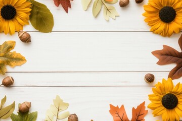 White wooden background with fall elements like leaves, acorns, and sunflowers