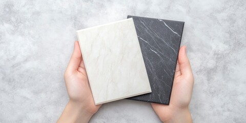 Interior design tools, black and white marble tabletop tiles, a woman's hands holding various material samples, and a flat lay.