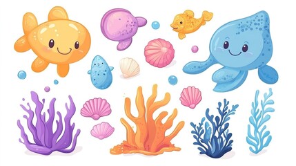 Naklejka premium Cartoon sea animals, shells, corals, and seaweed, vector set on a white background