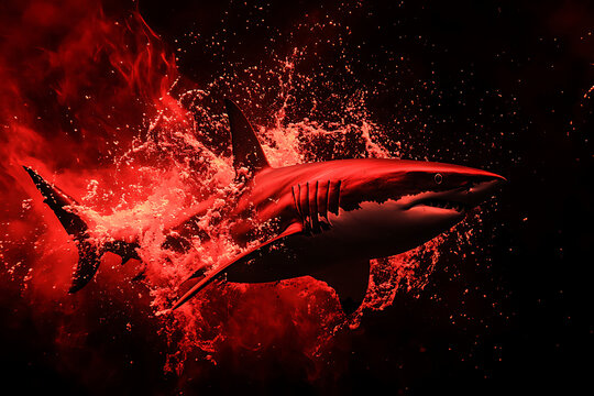 A dramatic depiction of a shark swimming through red water, evoking a sense of danger.