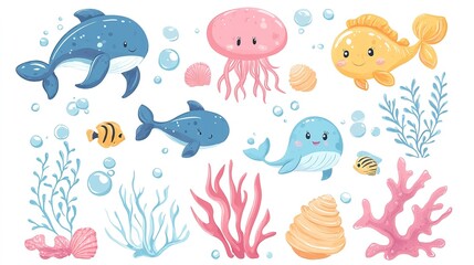 Cute sea animal characters, shells, and corals, vector clip art on white.