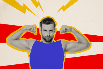 Composite photo collage of serious athlete man bodybuilder show pump biceps gum sportive lifestyle...