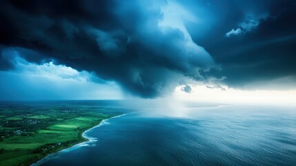 Fototapeta premium Dramatic storm clouds gather over a serene coastline, creating a captivating contrast between nature's power and tranquility.