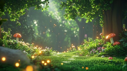 A serene forest path illuminated by soft light, surrounded by flowers and mushrooms.