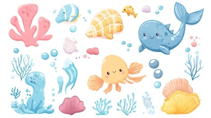 Vector set with cute sea animals, corals, and shells on a white background.