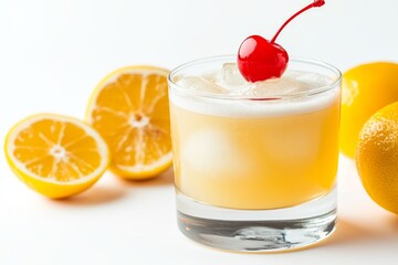 Classic Whiskey Sour Cocktail with Cherry Garnish and Lemon Slices on White Background