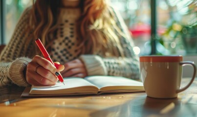 A woman sitting at a table writes in her journal with a red pen, enjoying a cup of coffee amidst morning light and flowers, reflecting on her thoughts and emotions