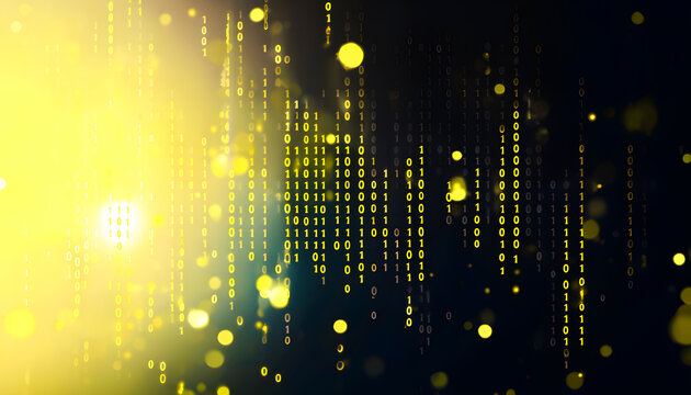 Futuristic Digital Abstract Image with Binary Digits on a Hi-Tech Bokeh Background, Showcasing a Modern, Technological Aesthetic and a Sleek, Sci-Fi Visual Design