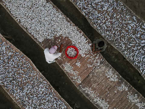 Aerial view of traditional fish processing with drying racks and people working, Cox Bazar, Bangladesh.
