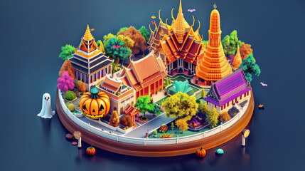 Obraz premium Vibrant Isometric 3D Cartoon City HalloweenThemed Thai Landmarks on Wooden Base