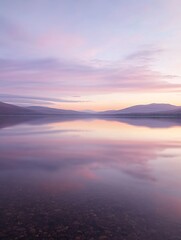 Calm lake water reflecting a pink and purple sunset with mountains in the distance.