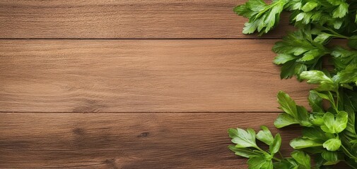 Fresh green parsley on a wooden surface, perfect for culinary, gardening, or home decor projects.