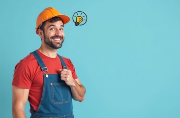 Repairman stay on left side, (right side is empty for text), smiling man in blue work overalls and red t-shirt looking at camera, cartoon drawn circle with idea yellow lamp inside circle flying around
