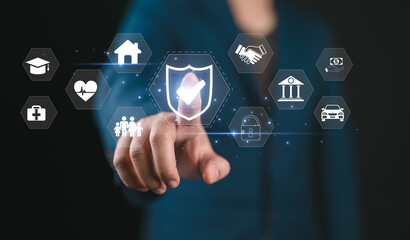 Insurance and employee benefits concept, Businessman show insurance icons, Indirect and non-cash compensation paid to employees, Health, vehicles, finances, education, long-term planning