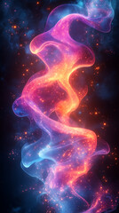 Fototapeta premium Vibrant neon waves of pink purple and blue glowing in fluid motion with sparkling particles creating an abstract cosmic energy in ethereal space