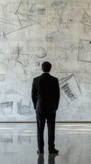 Obraz premium A man in a suit observes abstract art on a textured wall in a modern space.