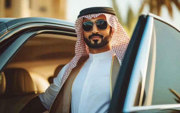 Arab man in a white shirt and a gold scarf is sitting in a black car. Luxury and successful concept