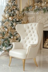Elegant White Armchair with Gold Legs. Stylish Christmas Interior with Classic Fireplace in the Room