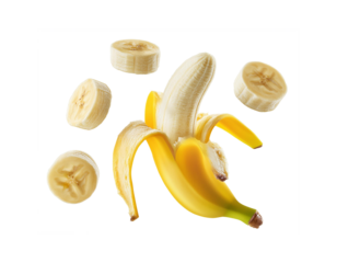Falling Banana slice, peeled fruit, isolated on transparent background. Clipping path