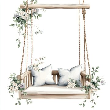 recommend clip art: Wooden swing chair flowers art illustrative.