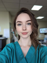 Fototapeta premium A Beautiful Smiling Nurse in Scrubs in a Hospital Setting