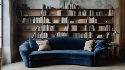 Contemporary Blue Sectional Sofa in a Rustic Library