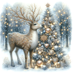 Magical Christmas blue gold winter composition with a Christmas deer in snowy forest, Christmas tree with golden garlands. New Year square postcard